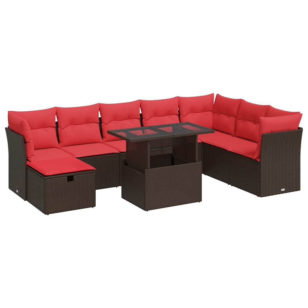 9-tlg. Garten-Sofagarnitur mit Kissen Braun Poly Rattan Akazie