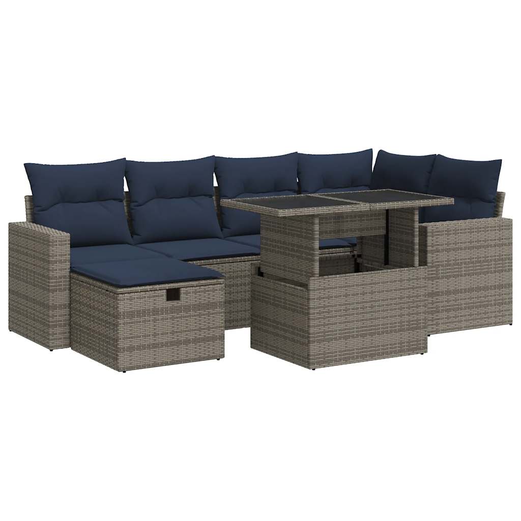 7-tlg. Garten-Sofagarnitur mit Kissen Grau Poly Rattan Akazie