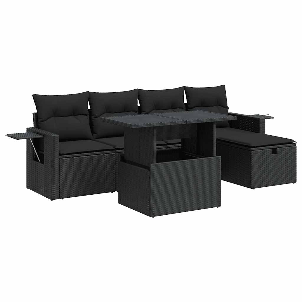 6-tlg. Garten-Sofagarnitur mit Kissen Schwarz Poly Rattan