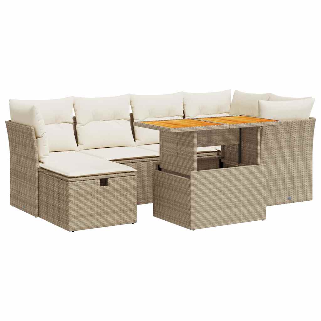 7-tlg. Garten-Sofagarnitur mit Kissen Beige Poly Rattan Akazie