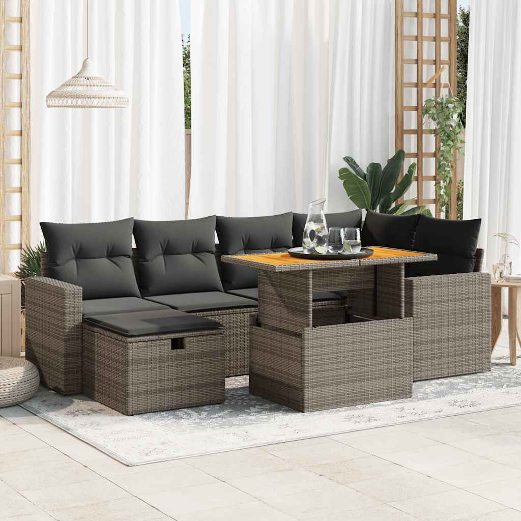 8-tlg. Garten-Sofagarnitur mit Kissen Grau Poly Rattan Akazie
