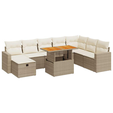 9-tlg. Garten-Sofagarnitur mit Kissen Beige Poly Rattan Akazie