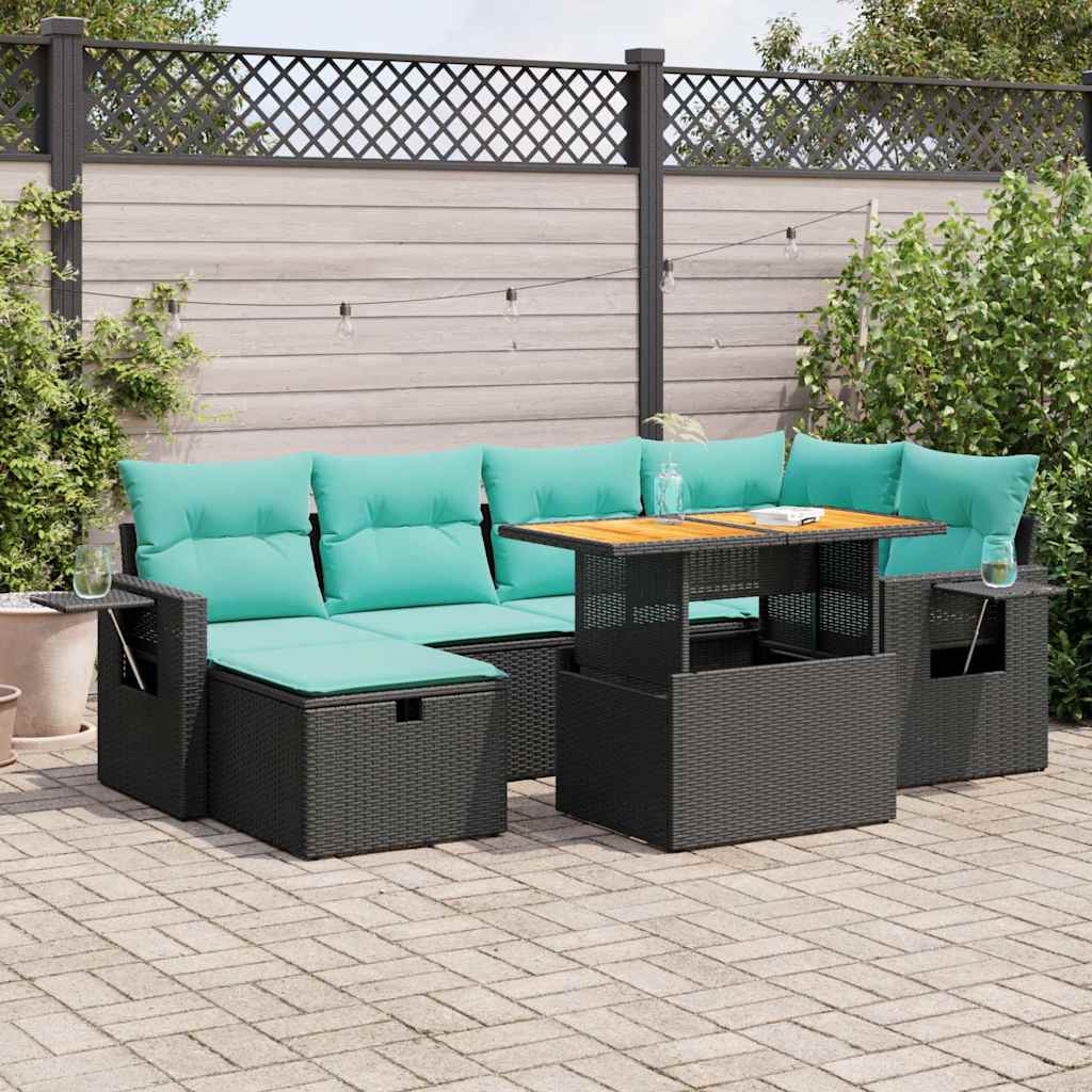7-tlg. Garten-Sofagarnitur mit Kissen Braun Poly Rattan Akazie