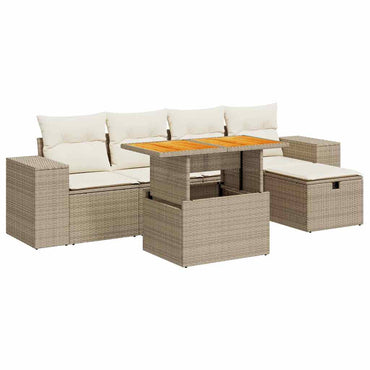 6-tlg. Garten-Sofagarnitur mit Kissen Beige Poly Rattan Akazie