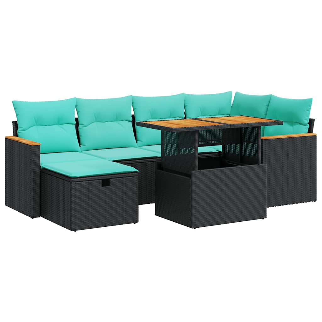 7-tlg. Garten-Sofagarnitur mit Kissen Braun Poly Rattan Akazie