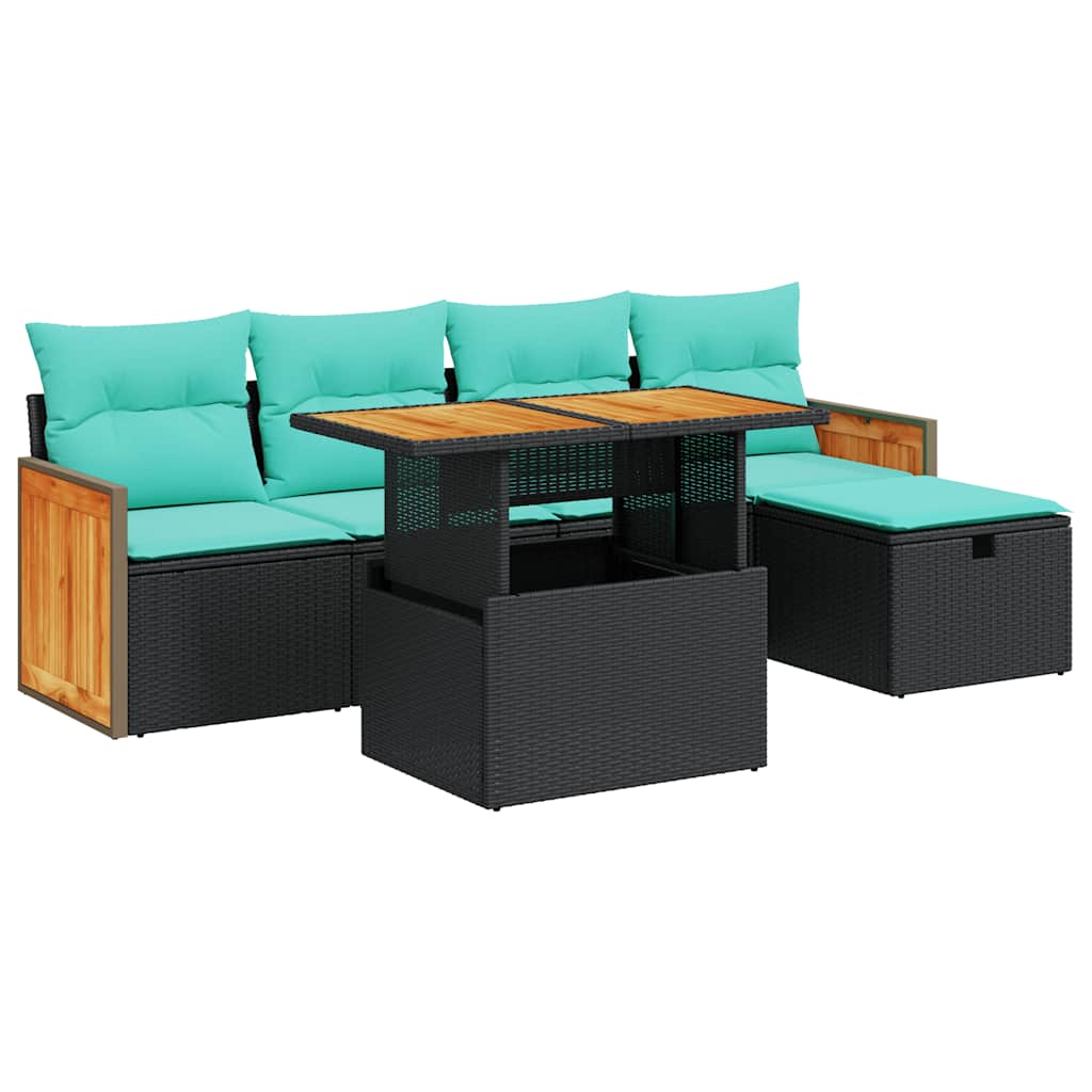 6-tlg. Garten-Sofagarnitur mit Kissen Schwarz Poly Rattan