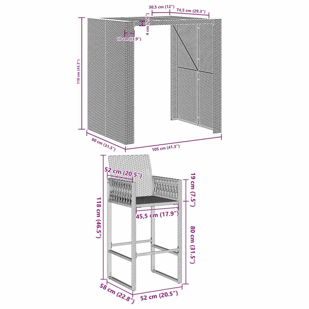 5-tlg. Gartenbar-Set ohne Kissen Grau Poly Rattan Akazie