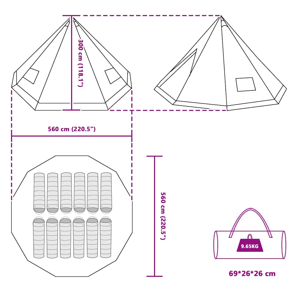 Tipi Zelt mit Dach Grau und Orange 560 x 560 x 300 cm Taft