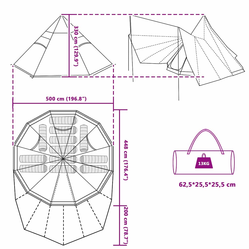 Tipi Zelt mit Dach mit Speicher Blau 510 x 690 x 330 cm Taft