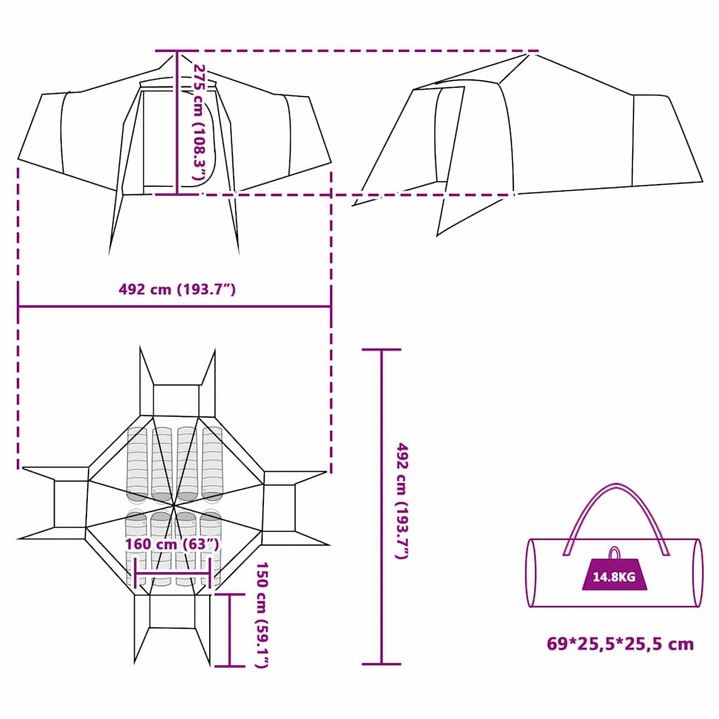 Tipi Zelt mit Dach mit Speicher Blau 492 x 492 x 275 cm Taft