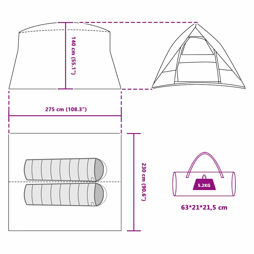 Campingzelt mit Dach mit Speicher Grün 275 x 230 x 140 cm Taft