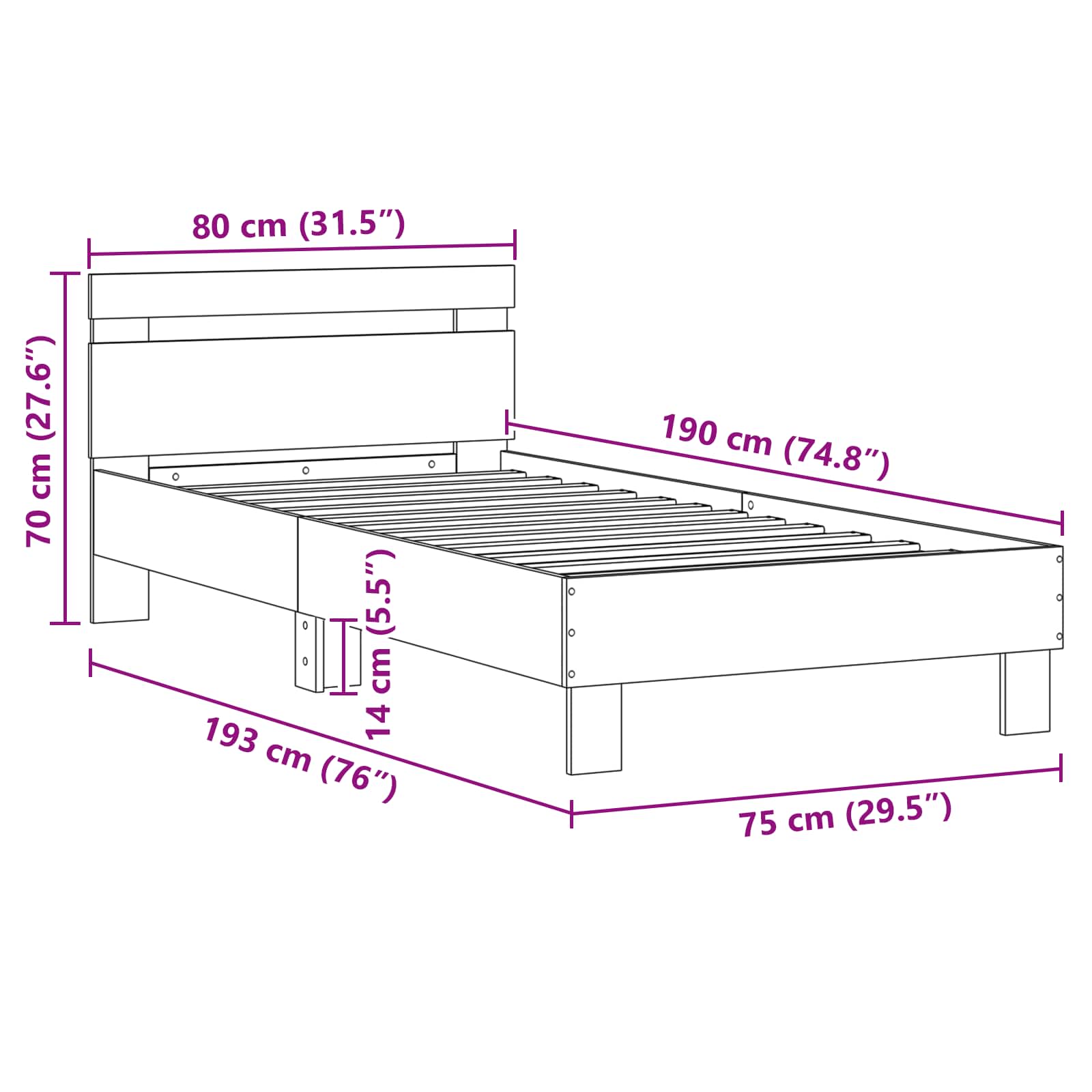 Bettrahmen mit LED Altholz 75 x 190 cm Holzwerkstoff