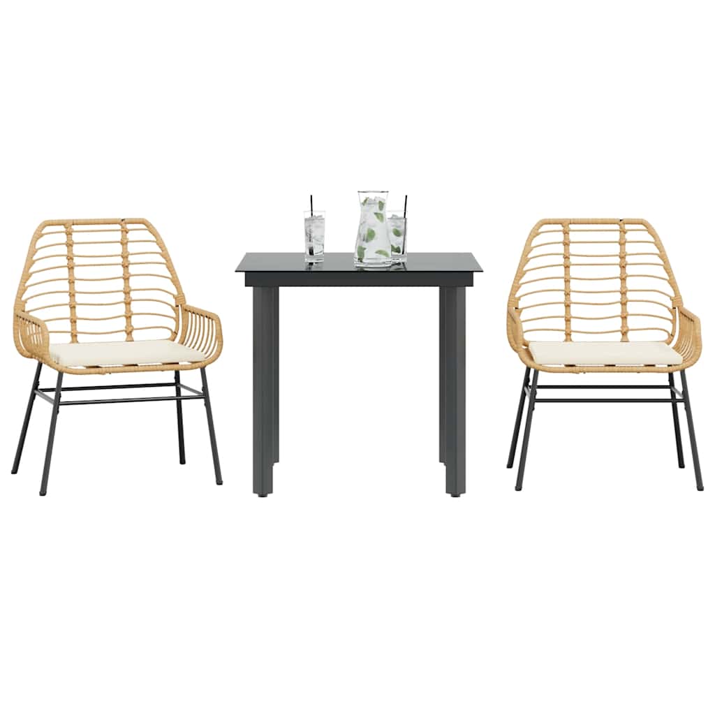 3-tlg. Garten-Essgruppe mit Kissen Braun Poly Rattan Glas