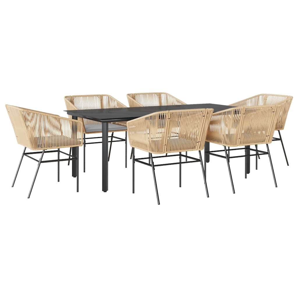 7-tlg. Garten-Essgruppe mit Kissen Braun Poly Rattan Glas