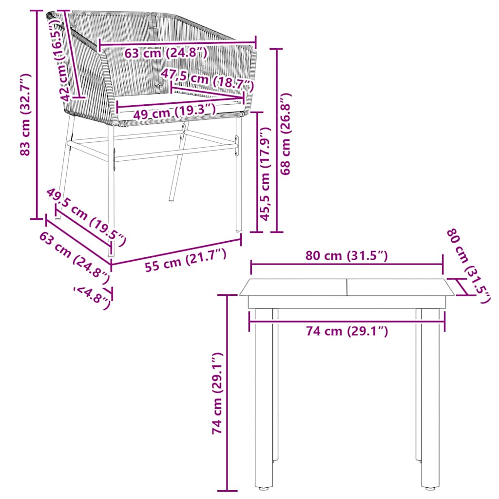 3-tlg. Garten-Essgruppe mit Kissen Grau Poly Rattan Glas
