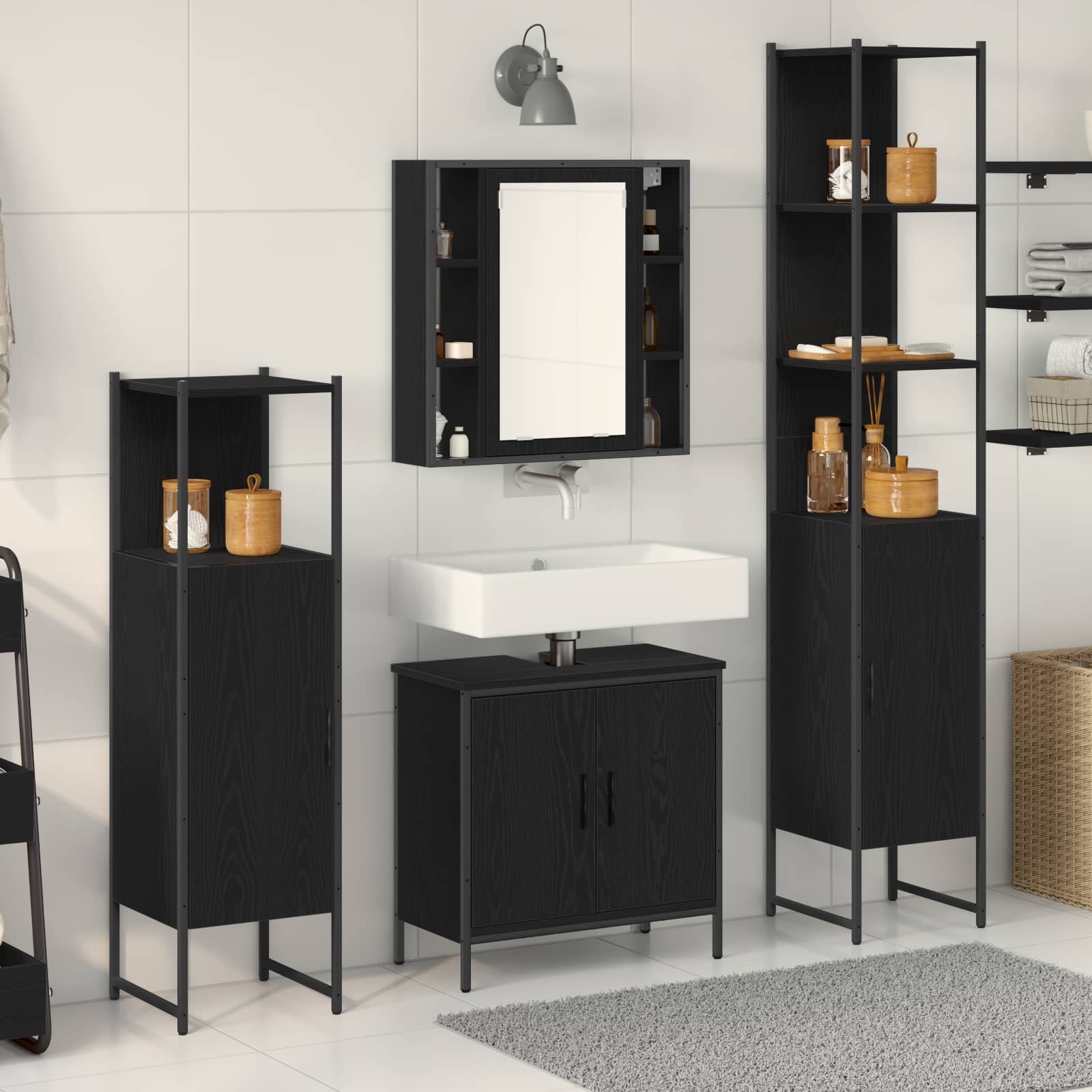 Badezimmermöbel-Set mit Regal 4 pcs Schwarz Holzwerkstoff