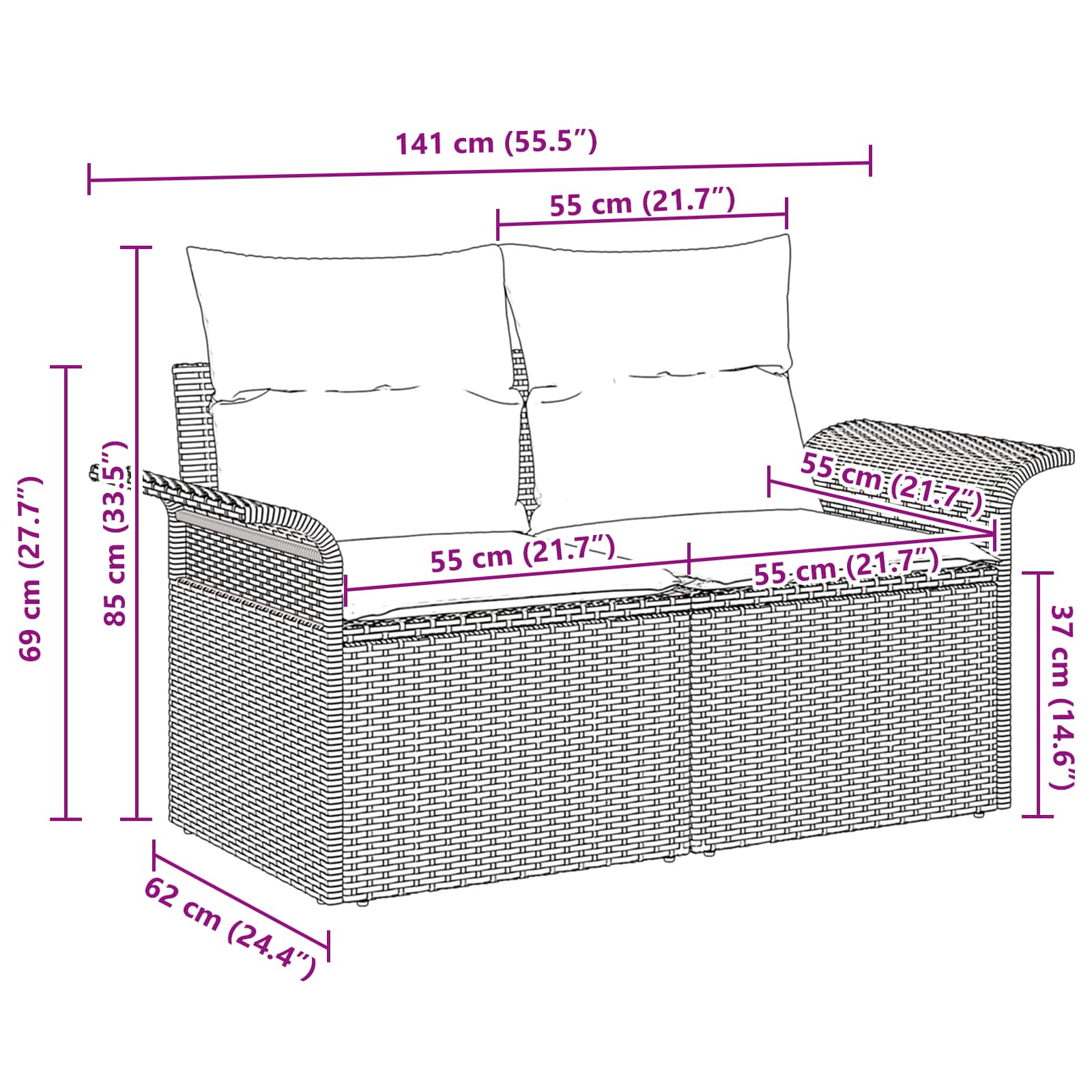 Garten-Sofa mit Kissen 141 x 62 x 69 cm Poly-Rattan