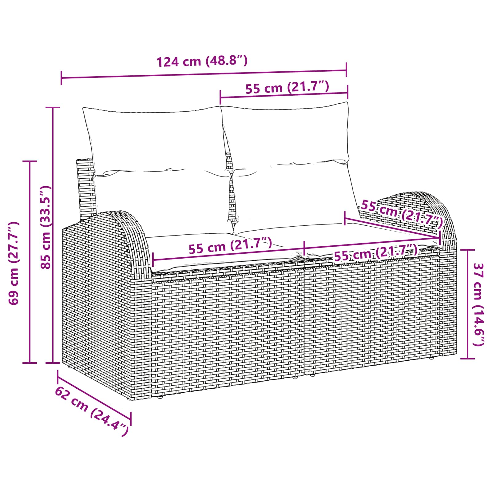 Gartensofa Braun 124 x 62 x 85cm Poly-Rattan