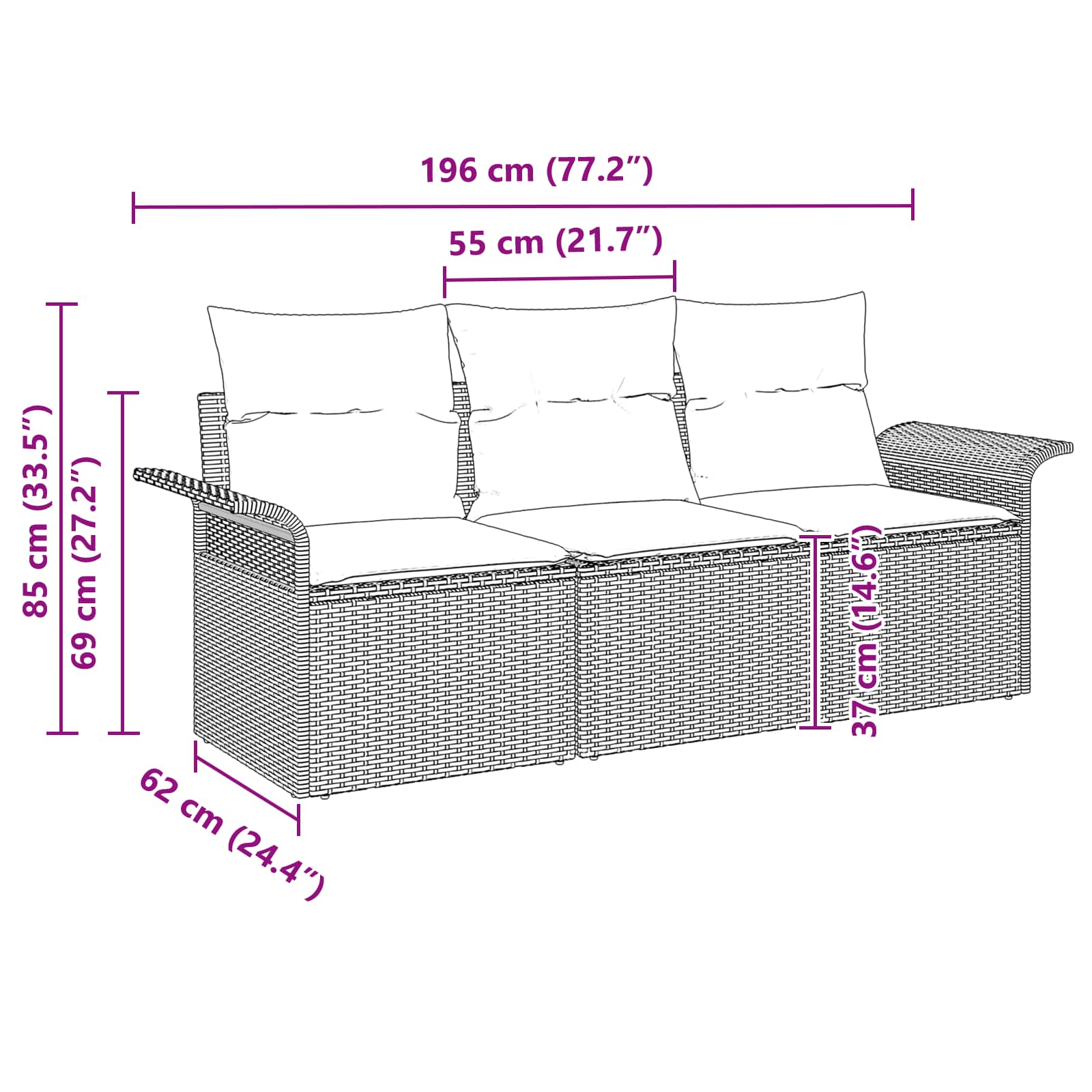 Sofa Set mit Kissen 3 pcs Braun und Rot Poly-Rattan