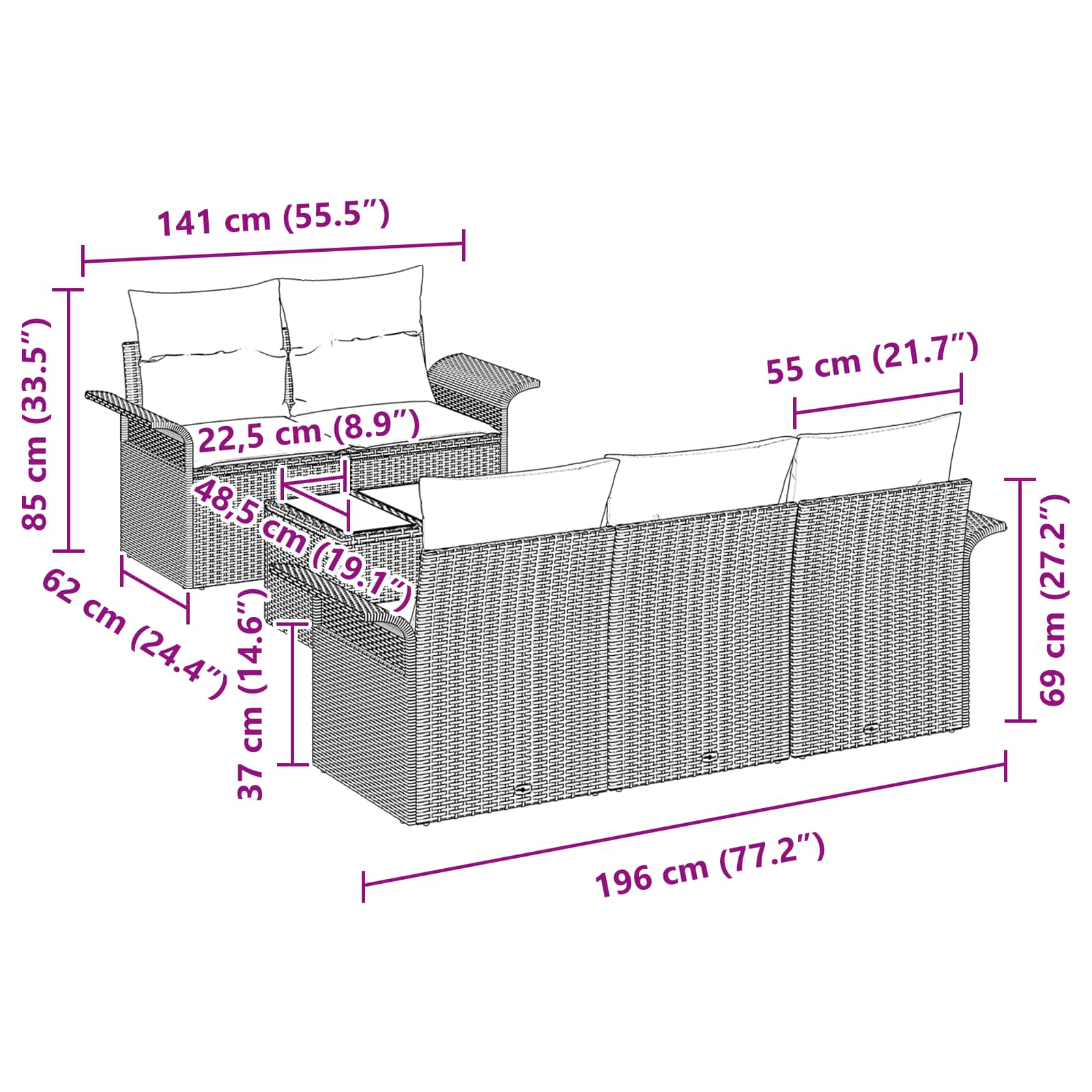 Gartensofa-set mit Kissen 6 pcs Schwarz Poly-Rattan