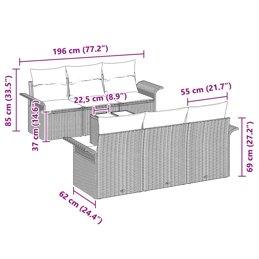 Gartensofa-set mit Kissen 7 pcs Schwarz Poly-Rattan