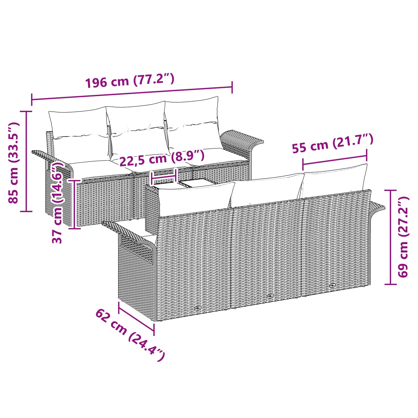 Gartensofa-set mit Kissen 7 pcs Braun Poly-Rattan