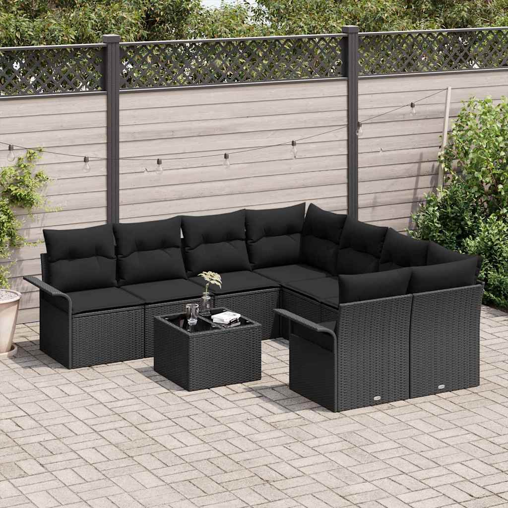 Gartensofa-set mit Kissen 9 pcs Schwarz Poly-Rattan