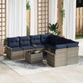 Gartensofa-set mit Kissen 9 pcs Grau und Marineblau Poly-Rattan
