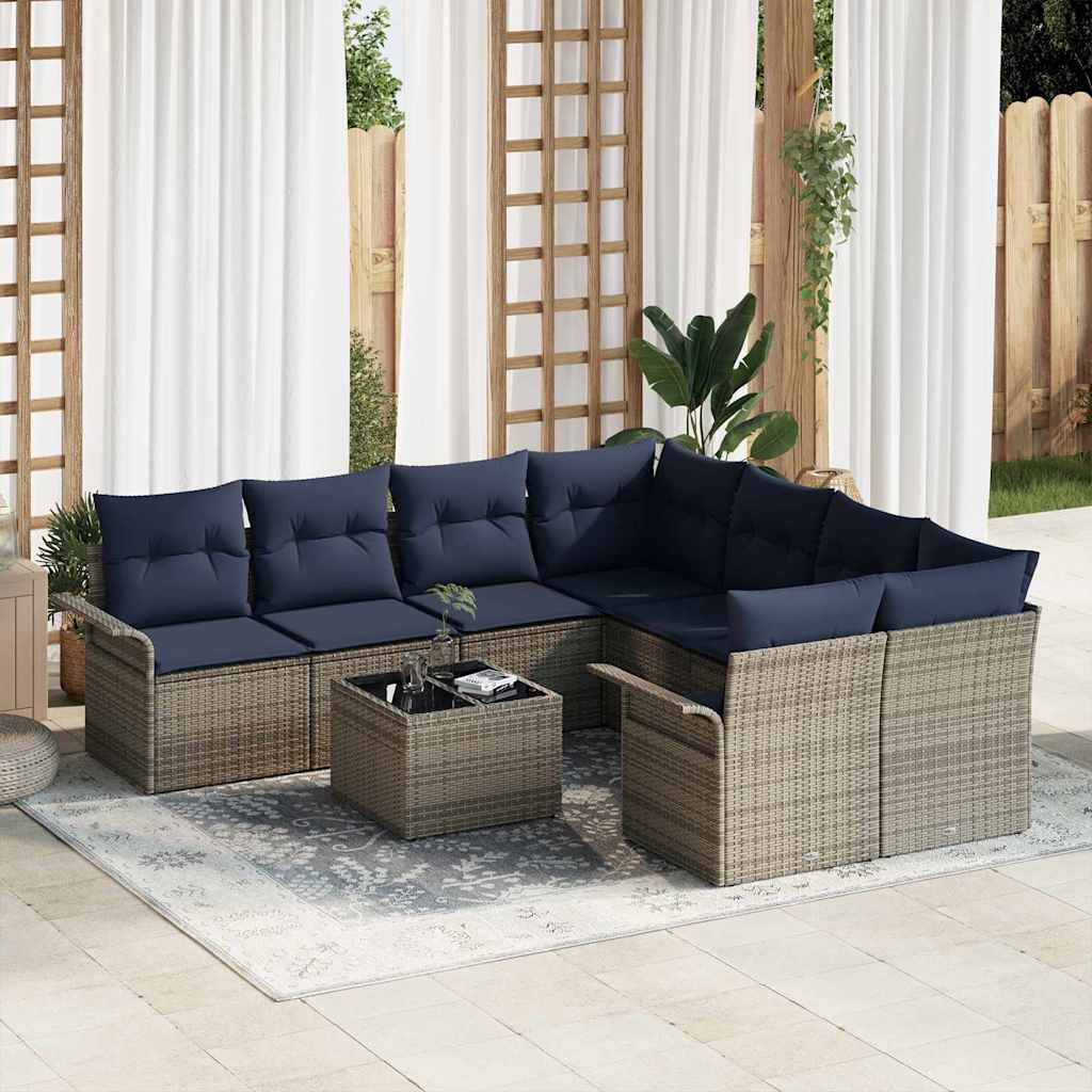 Gartensofa-set mit Kissen 9 pcs Grau und Marineblau Poly-Rattan