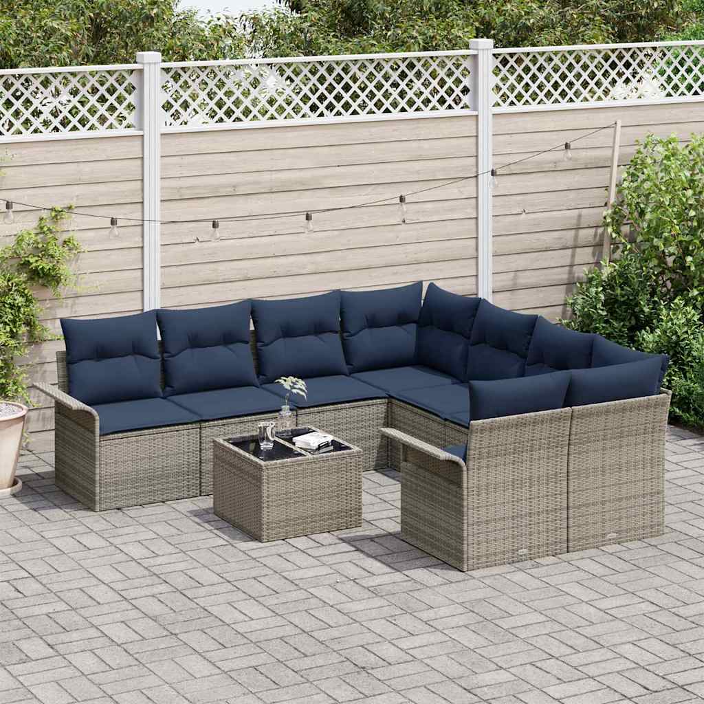 Gartensofa-set mit Kissen 9 pcs Grau und Marineblau Poly-Rattan