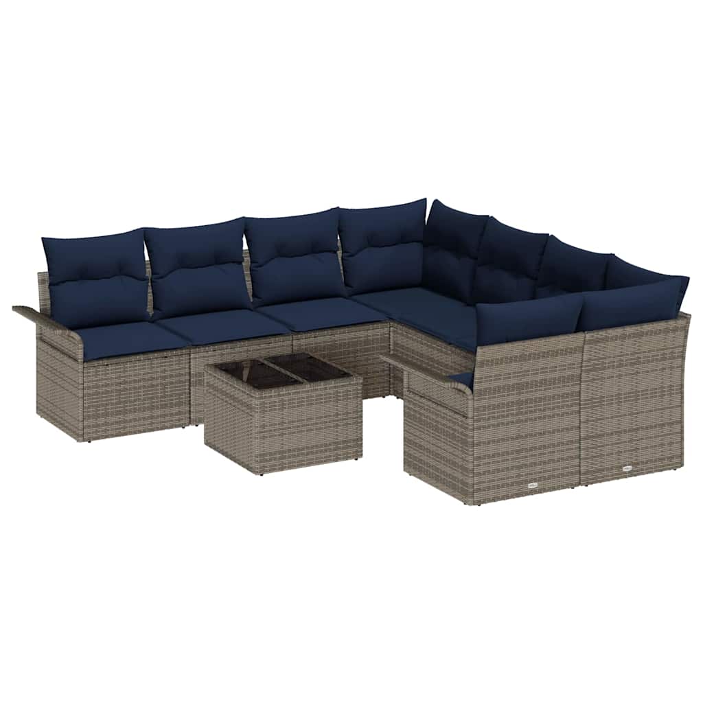 Gartensofa-set mit Kissen 9 pcs Grau und Marineblau Poly-Rattan