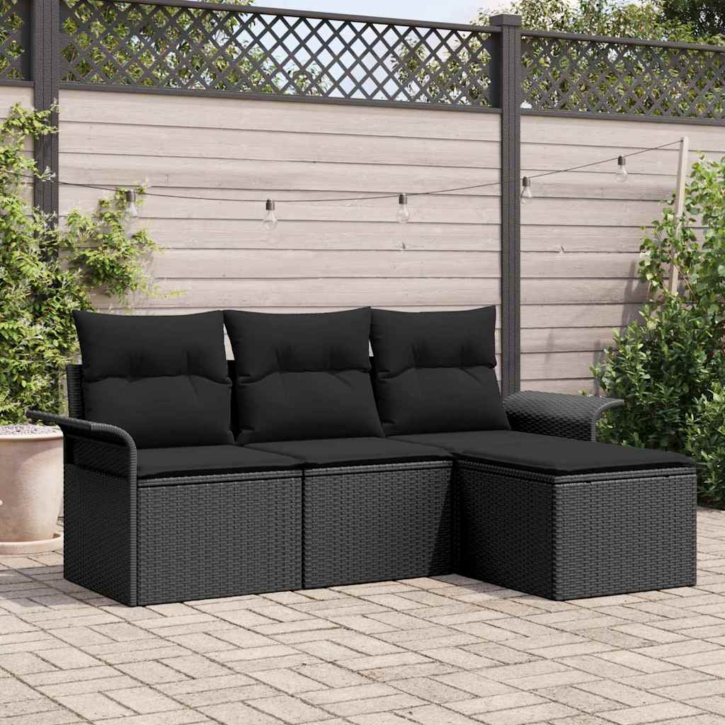 Sofa Set mit Kissen 4 pcs Schwarz Poly-Rattan