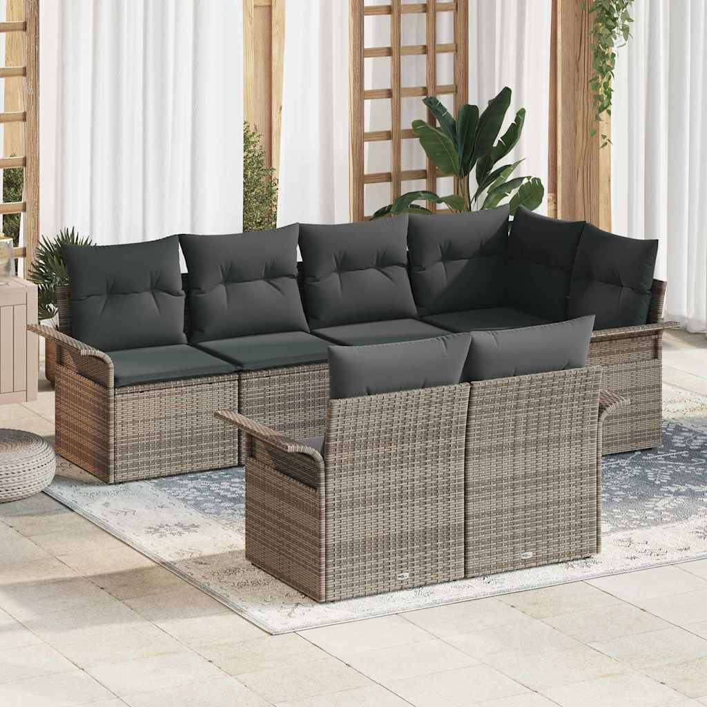 Gartensofa-set mit Kissen 7 pcs Grau Poly-Rattan