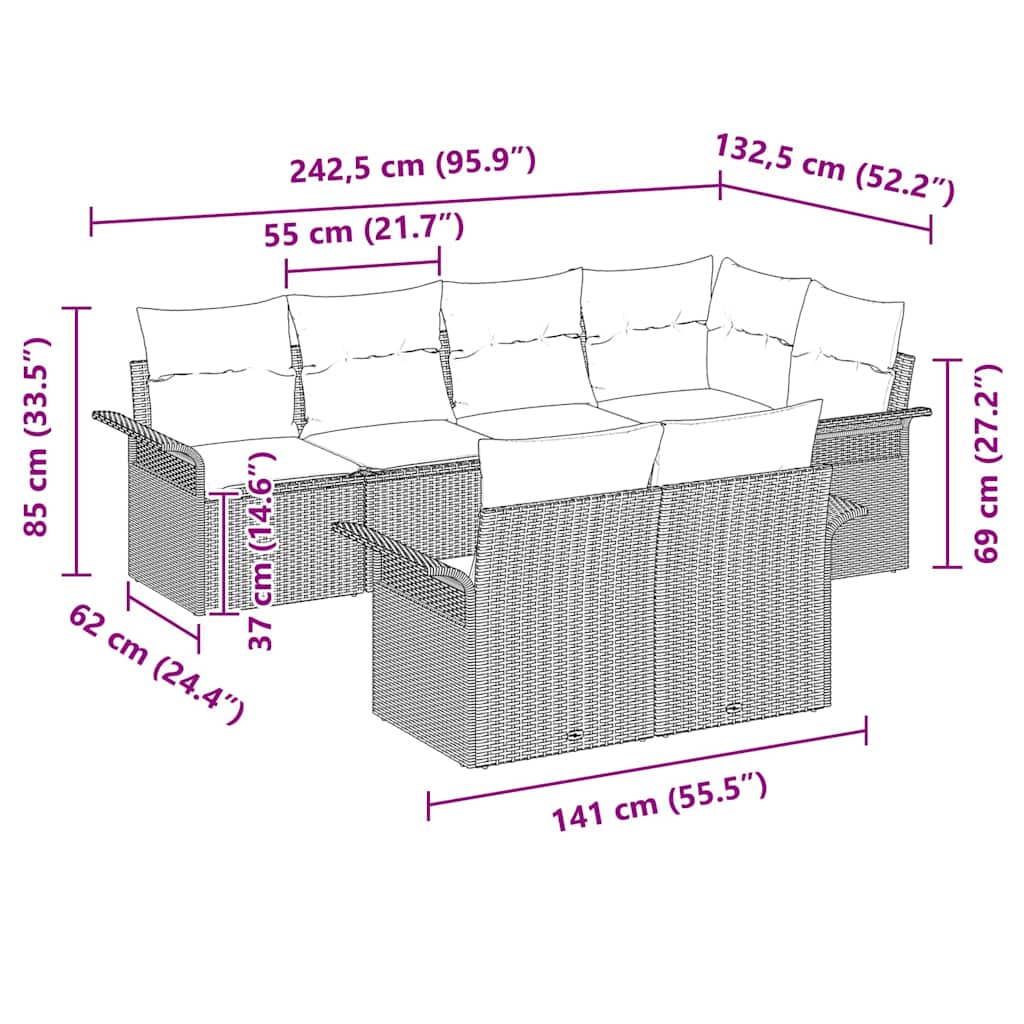 Gartensofa-set mit Kissen 7 pcs Grau Poly-Rattan