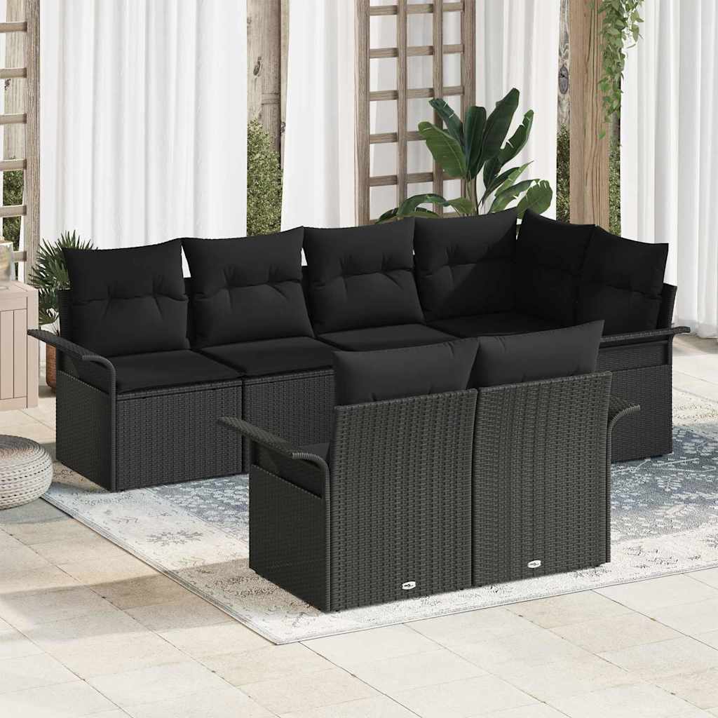 Gartensofa-set mit Kissen 7 pcs Schwarz Poly-Rattan