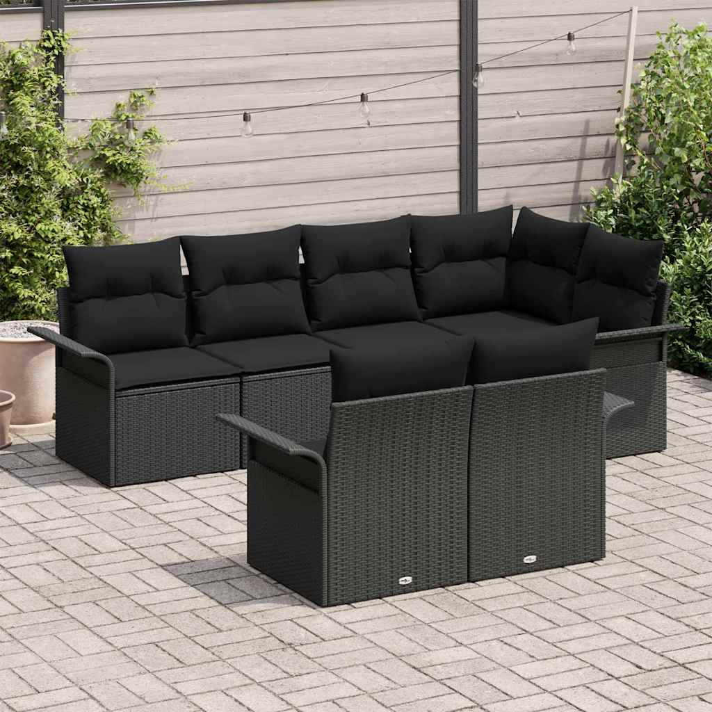 Gartensofa-set mit Kissen 7 pcs Schwarz Poly-Rattan