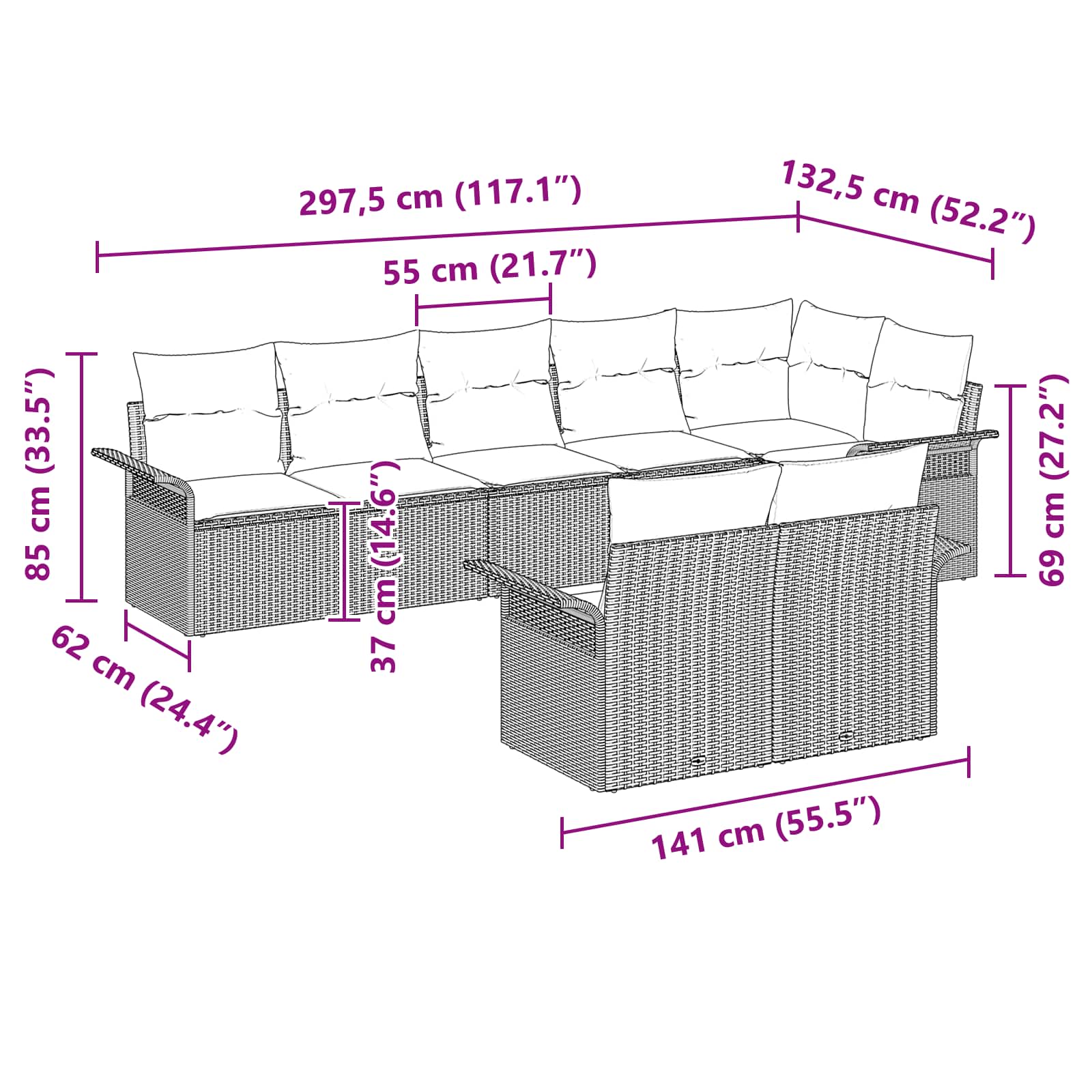 Gartensofa-set mit Kissen 8 pcs Braun Poly-Rattan