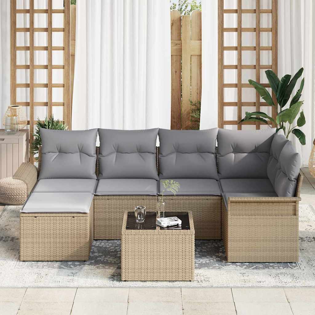 Gartensofa-set mit Kissen 7 pcs Beige Poly-Rattan