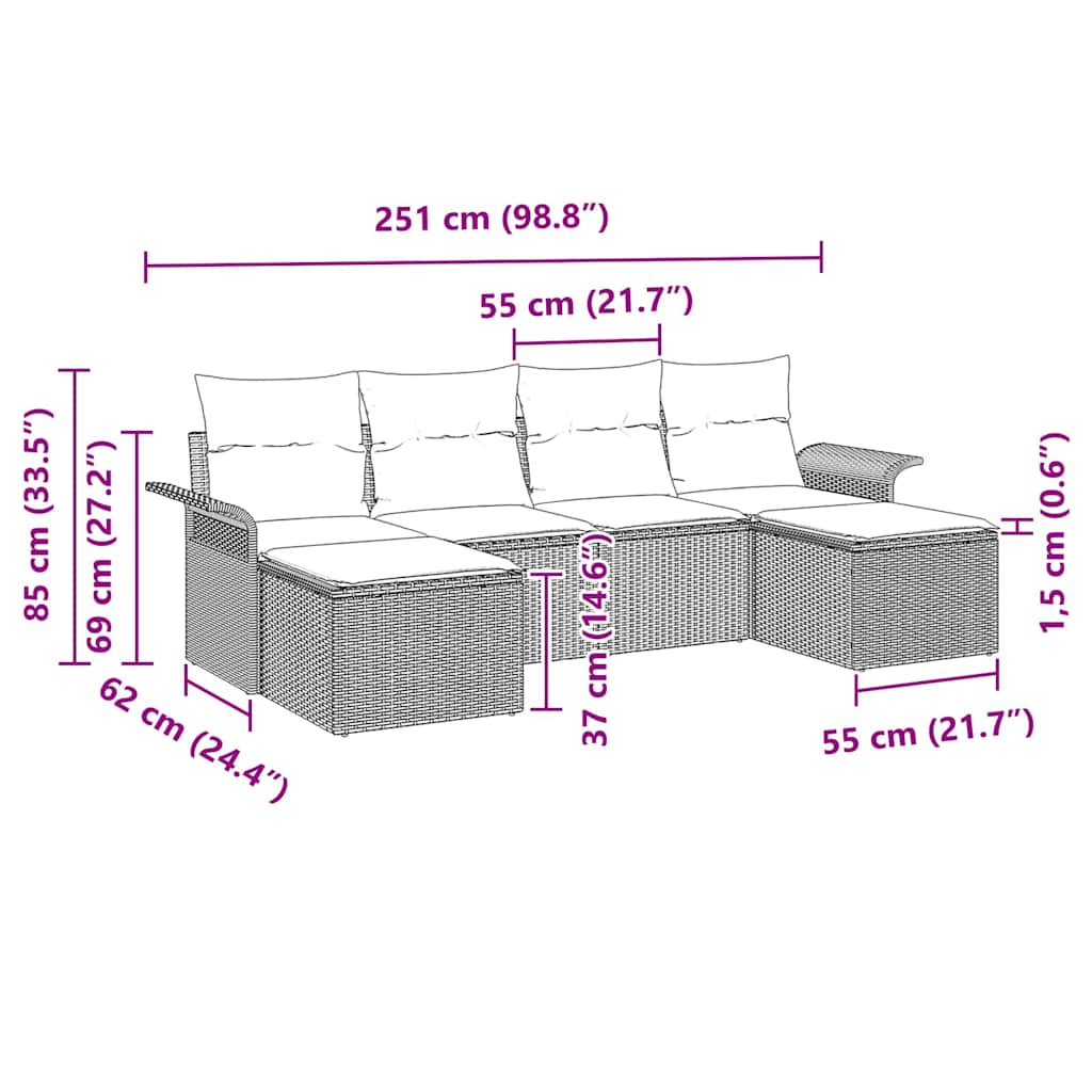 Gartensofa-set mit Kissen 6 pcs Braun Poly-Rattan