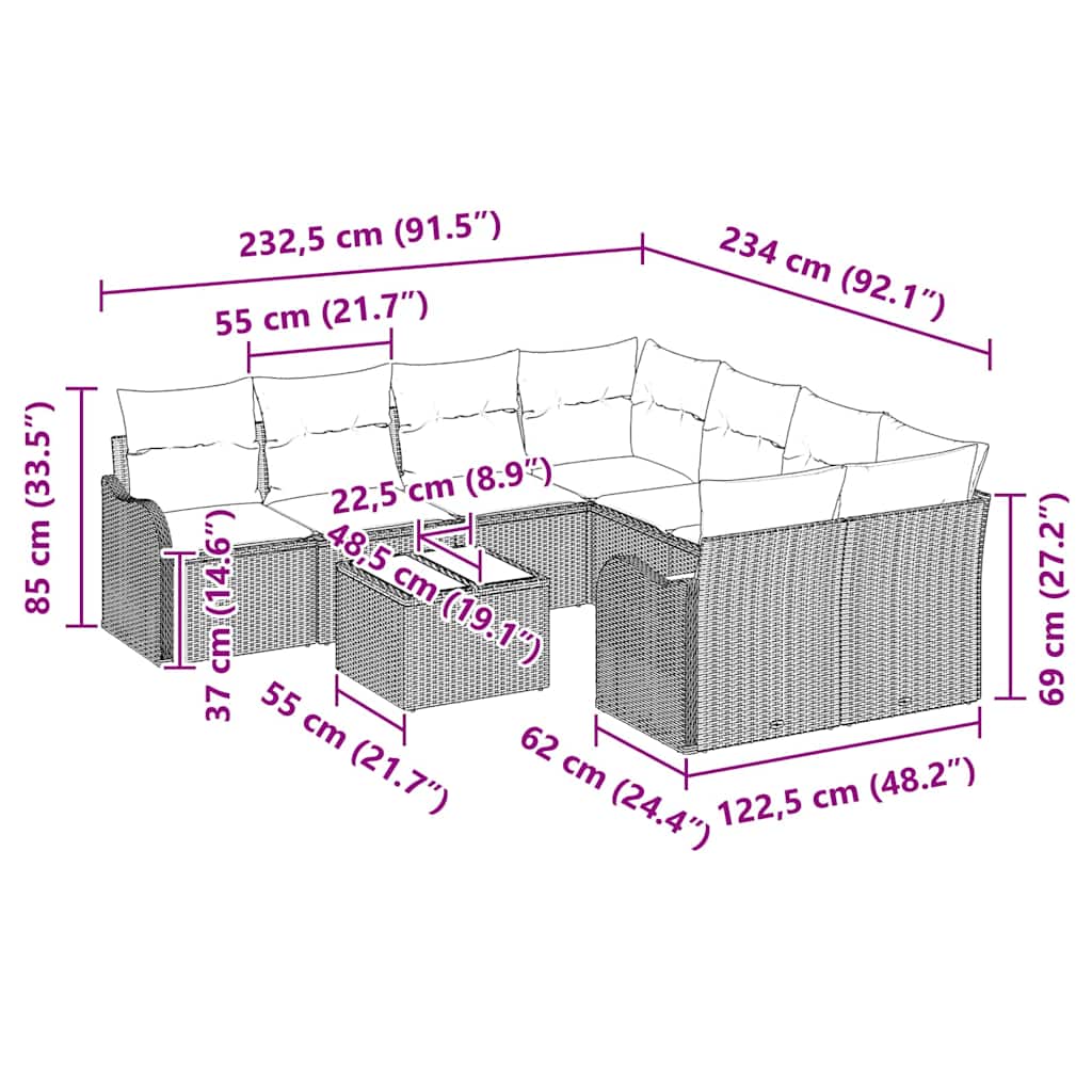 Gartensofa-set mit Kissen mit Speicher 9 pcs Braun Poly-Rattan