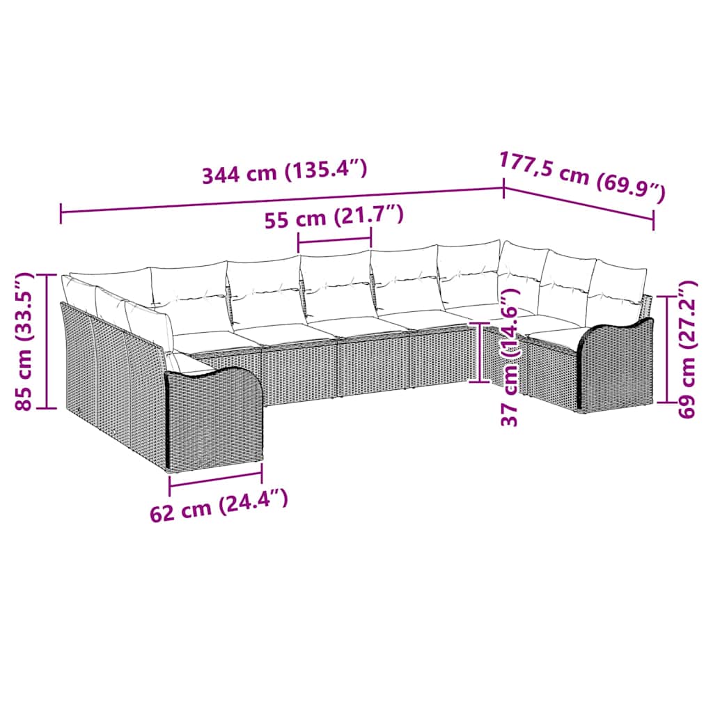 Gartensofa-set Grau 344 x 177,5 x 85 cm Poly-Rattan