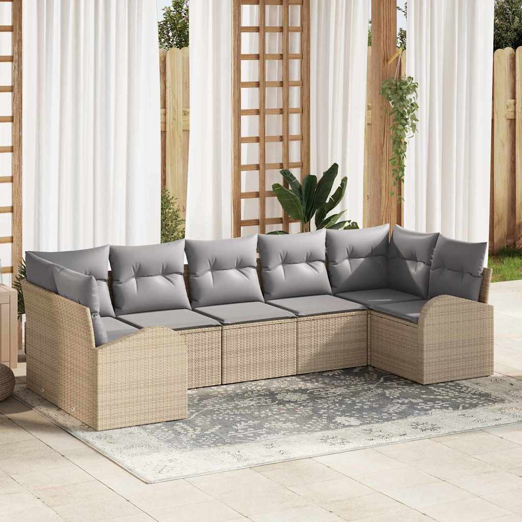Gartensofa-set mit Kissen 7 pcs Beige Poly Rattan