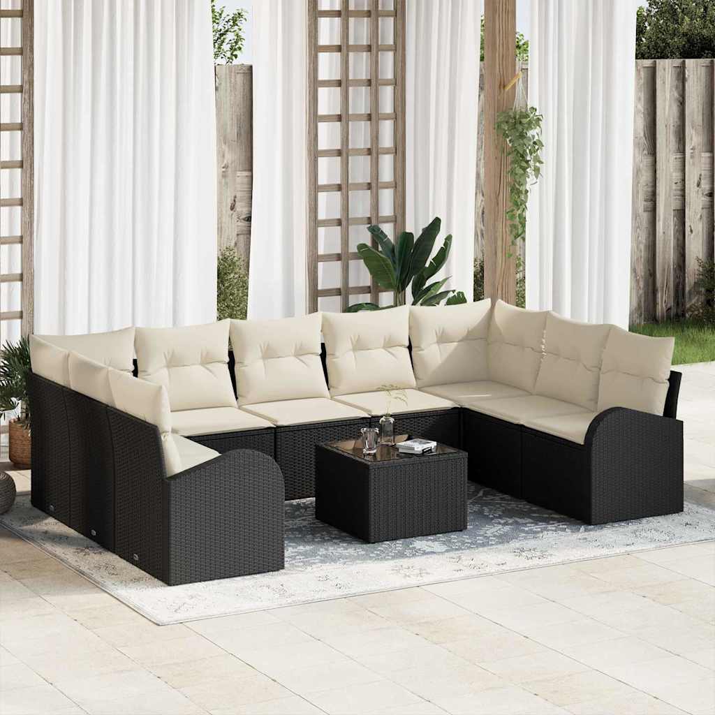 Sofa Set mit Kissen 10 pcs Schwarz Poly Rattan