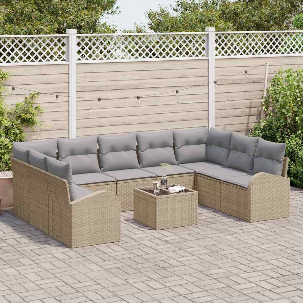 Sofa Set mit Kissen 10 pcs Beige Poly Rattan