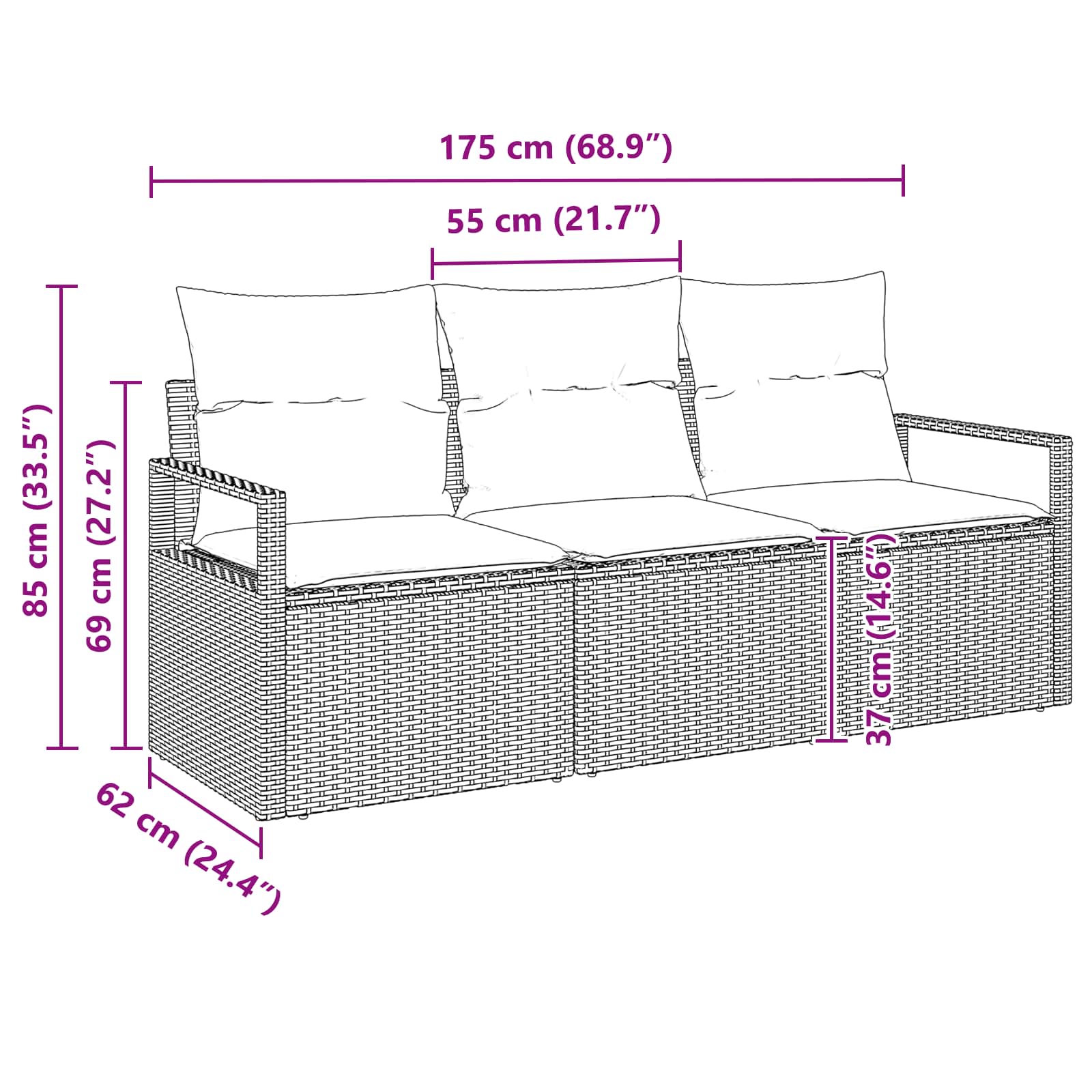 Sofa Set 3 pcs Grau Poly-Rattan