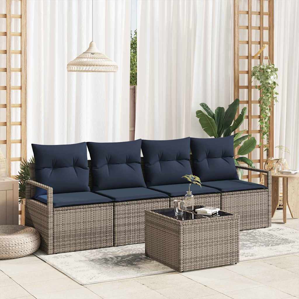 Sofa Set 5 pcs Grau und Blau Poly-Rattan