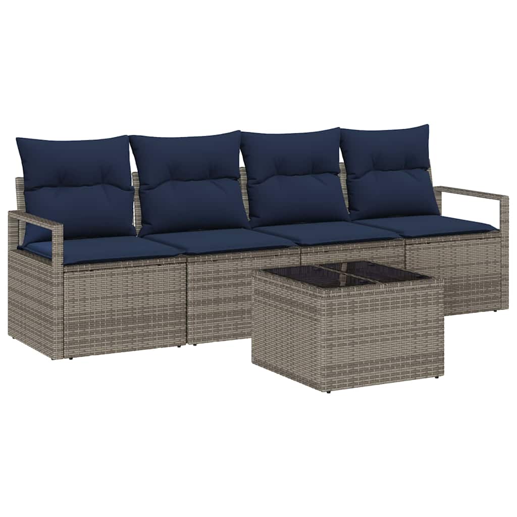 Sofa Set 5 pcs Grau und Blau Poly-Rattan