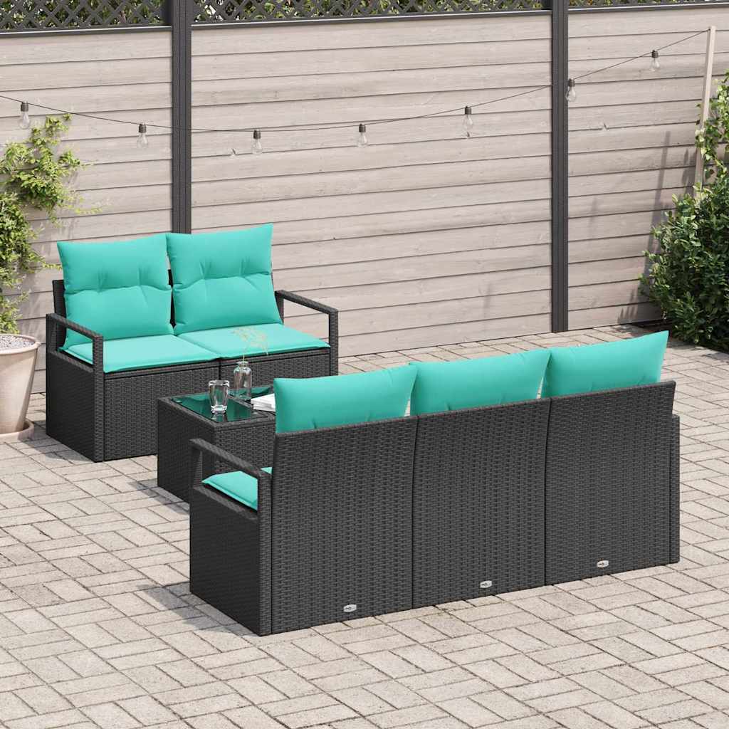 Sofa Set mit Kissen 6 pcs Schwarz und Türkis Poly Rattan