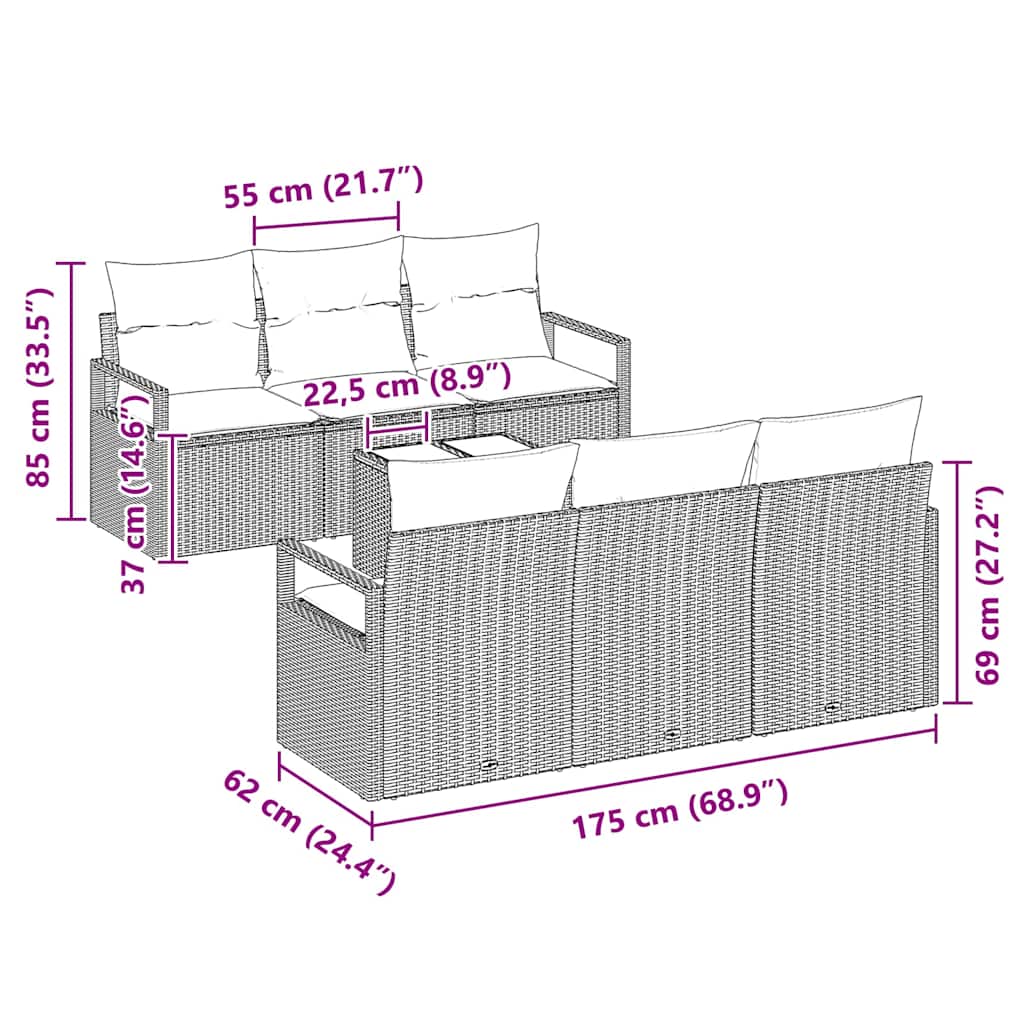 Sofa Set mit Kissen 7 pcs Grau Poly Rattan