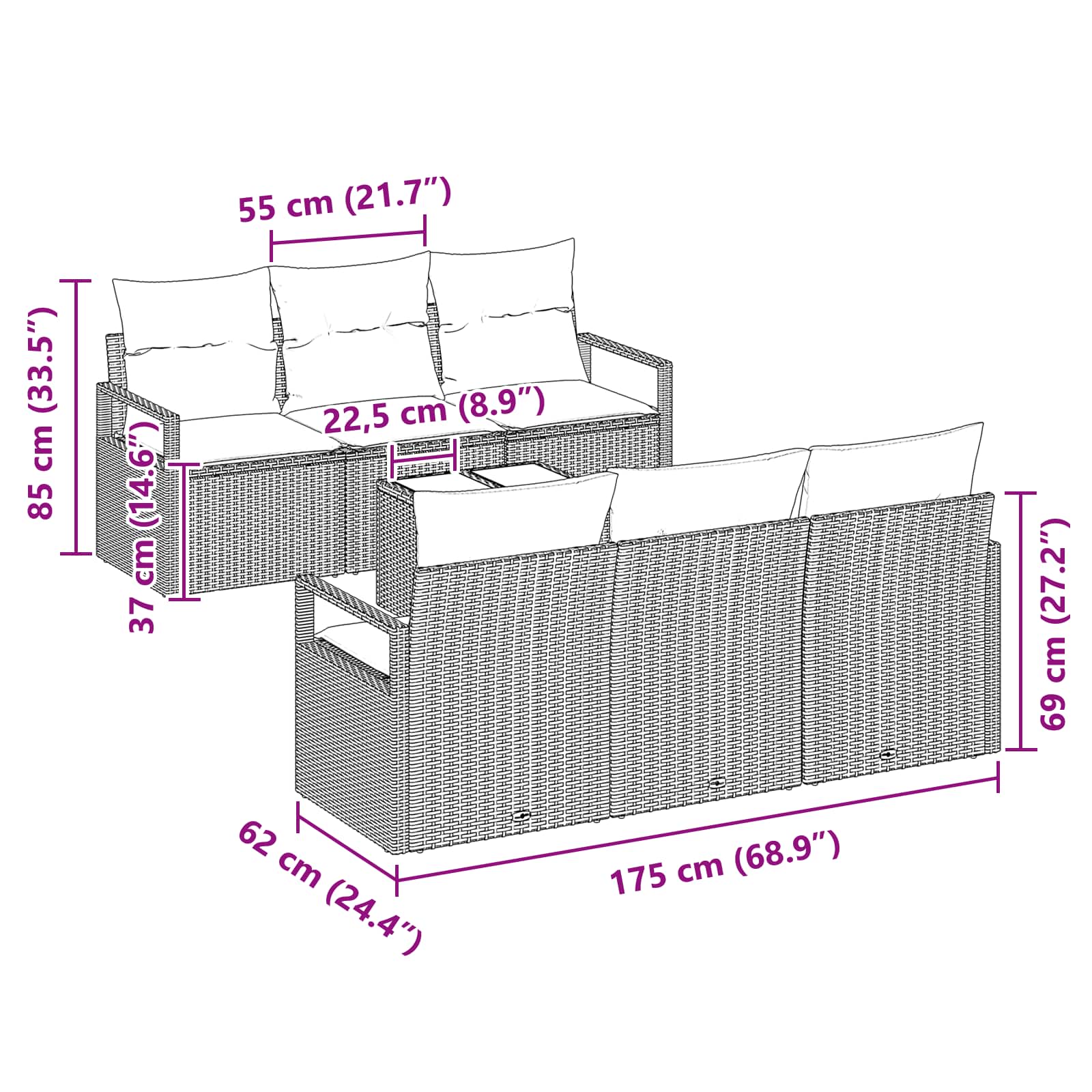 Sofa Set mit Kissen 7 pcs Braun und Rot Poly Rattan